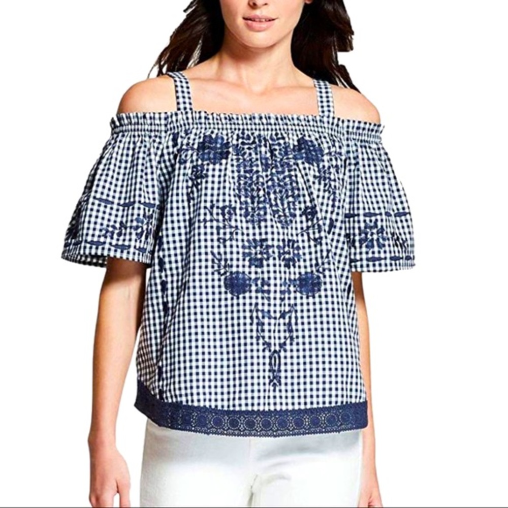 Gingham Off Shoulder Embroidered Top